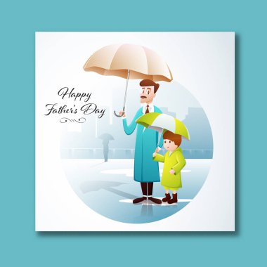 Babalar Günü Postaneniz kutlu olsun. Rainy Day Illustration 'da Baba ve Oğul Şemsiye Tutuyor..