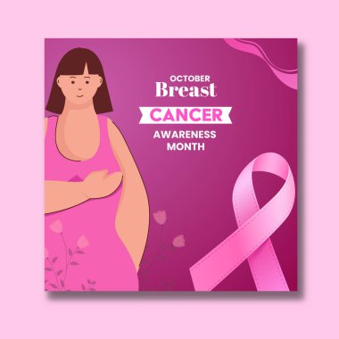 Göğüs Kanseri Farkındalığı Ay Posteri Pembe Kurdeleli Genç Kadın Sembol Gösterimi.