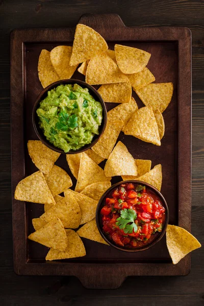 Mexikói Guacamole Salsa Szószt Nachos Tortilla Chips — Stock Fotó