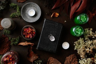 Büyücülük iksirle, büyü kitabıyla, şifalı bitkilerle mumlarla ve sihirli aletlerle hayat konsepti