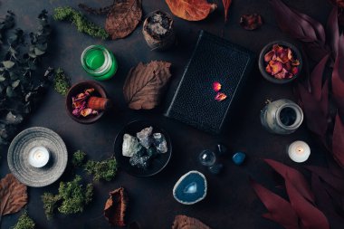 Büyücülük iksirle, büyü kitabıyla, şifalı bitkilerle mumlarla ve sihirli aletlerle hayat konsepti