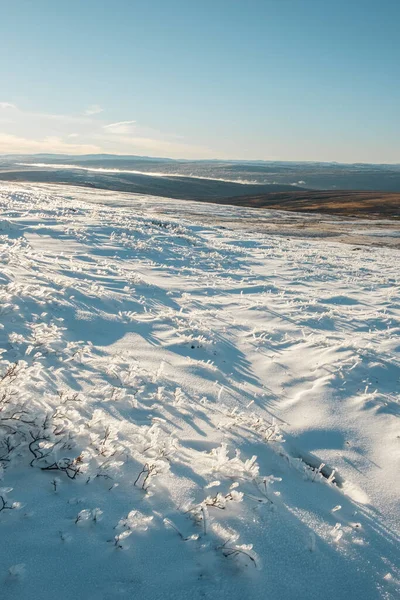 Прекрасний Зимовий Краєвид Снігу Гори Літчервен Норвегії Сонячному Світлі — стокове фото