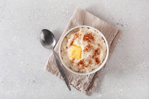 Rice Pudding Butter Cinnamon French Riz Lait Norwegian Risgrot Traditional — Stock Photo, Image