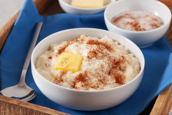 Rice Pudding Butter Cinnamon French Riz Lait Norwegian Risgrot Traditional — Stock Photo, Image