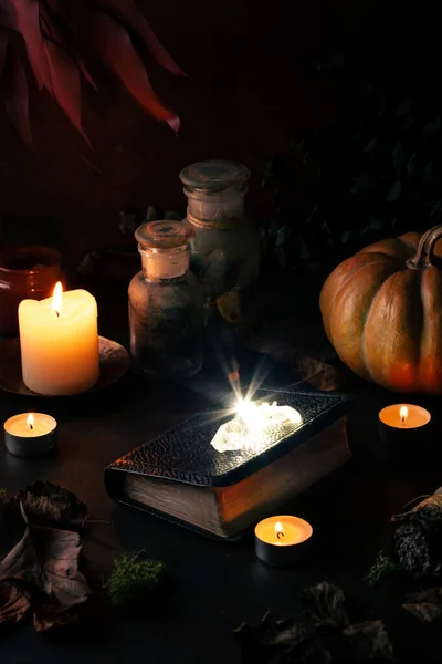 Hexerei Stilllebenskonzept Mit Zaubertränken Zauberbuch Kräuterzutaten Kerzen Und Magischen Geräten — Stockfoto