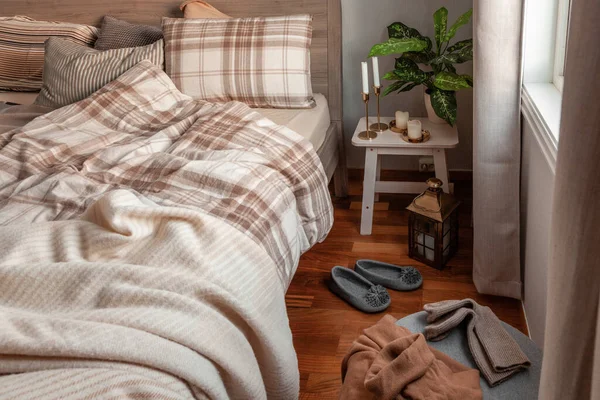 Cozy Scandinavian Bedroom Interior Natural Tones Real Life Mess Disorder — Fotografia de Stock