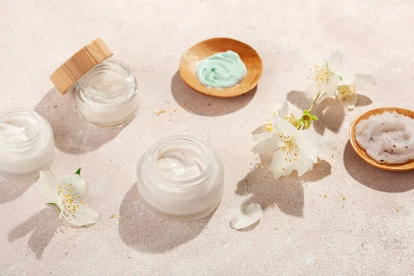 Skincare Products Jasmine Flowers Natural Cosmetics Home Spa Treatment — Stock Photo, Image
