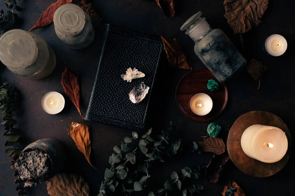 Brujería Bodegón Concepto Vida Con Poción Libro Hechizos Hierbas Ingredientes —  Fotos de Stock