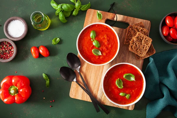 Вегетарианский Суп Помидоров Перца Зеленом Фоне — стоковое фото