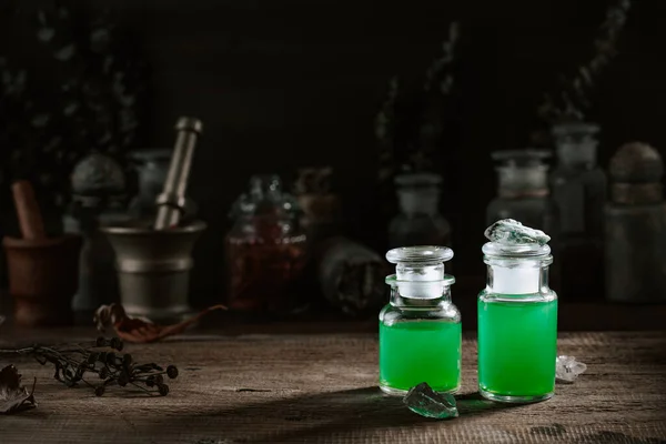 Witchcraft Still Life Concept Potion Herbs Ingredients Candles Magical Equipment — Stock Photo, Image
