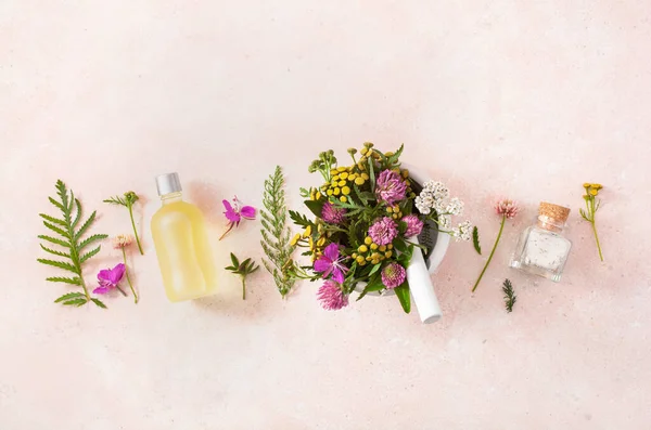 Tıbbi Çiçek Bitkileri Havan Yağlarında Şişelerde Gerekli Yağlar Alternatif Tıp — Stok fotoğraf