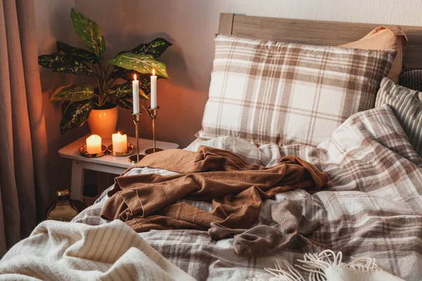 Cozy Scandinavian Bedroom Interior Natural Tones Real Life Mess Disorder — Fotografia de Stock