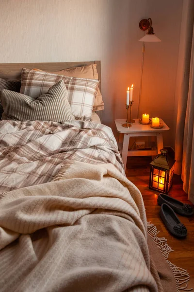 Cozy Scandinavian Bedroom Interior Natural Tones Real Life Mess Disorder — Zdjęcie stockowe