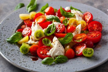 sağlıklı renkli domates mozzarella fesleğen salatası balzamik sirke soslu