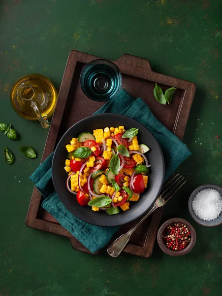 stock image healthy vegetarian tomato sweet corn salad with cucumber and basil