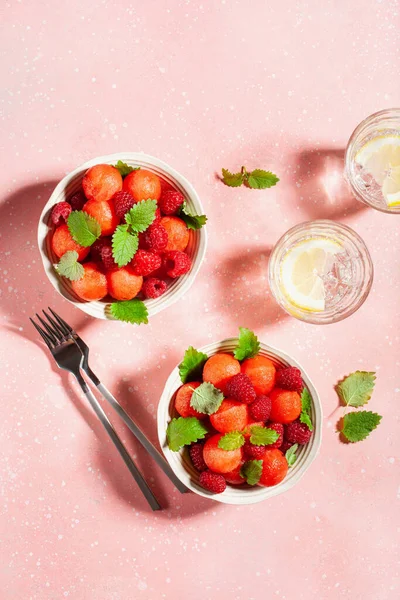 stock image watermelon ball salad with raspberry lemon balm. healthy summer dessert