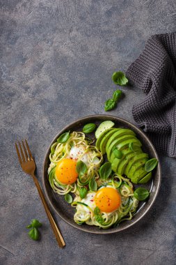 Keto düşük karbonhidratlı kahvaltı fırında yumurta ve avokadoyla birlikte kabak.