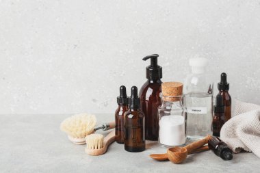 zero waste eco friendly cleaning concept. wooden brushes, baking soda, vinegar