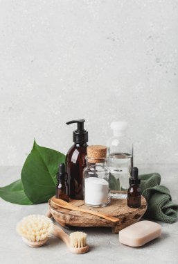 sıfır atık çevre dostu temizlik konsepti. Tahta fırçalar, kabartma tozu, sirke