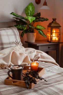 cozy scandinavian bedroom interior in natural tones, blanket candles houseplants