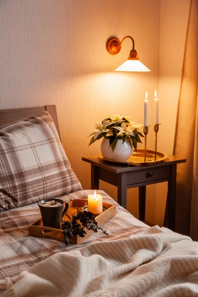 Cozy Scandinavian Bedroom Interior Natural Tones Blanket Candles Houseplants — Photo