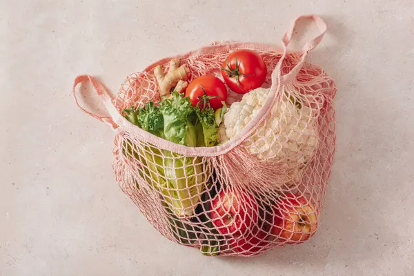 Fruits Vegetables Reusable Mesh Cotton Bag Plastic Free Zero Waste — Stock Photo, Image