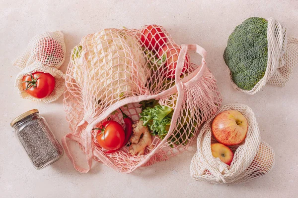 Fruit Groenten Herbruikbare Mesh Katoenen Zak Plastic Gratis Nul Afvalconcept — Stockfoto