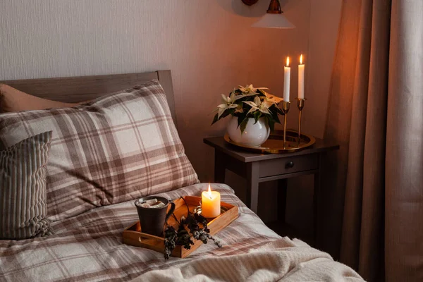 Cozy Scandinavian Bedroom Interior Natural Tones Blanket Candles Houseplants Zdjęcie Stockowe