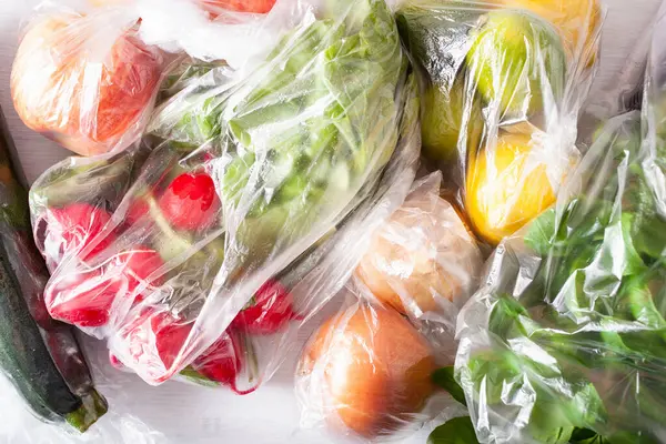 Questão Resíduos Plástico Uso Único Frutas Legumes Sacos Plástico Imagem De Stock