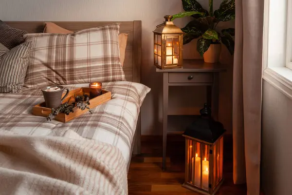 Cozy Scandinavian Bedroom Interior Natural Tones Blanket Candles Houseplants Imagen de archivo