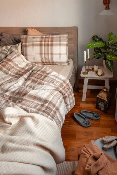 Cozy Scandinavian Bedroom Interior Natural Tones Real Life Mess Disorder Fotografia De Stock