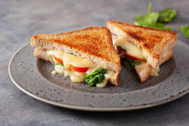 Beyaz arka plan üzerinde ızgara peynir ve domates sandviç