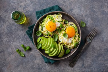 Keto düşük karbonhidratlı kahvaltı fırında yumurta ve avokadoyla birlikte kabak.