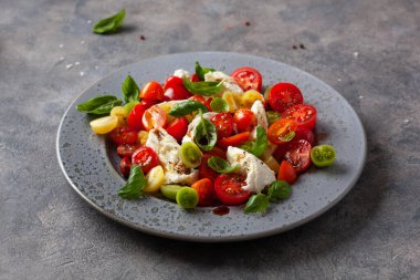 sağlıklı renkli domates mozzarella fesleğen salatası balzamik sirke soslu