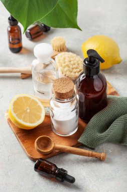 zero waste eco friendly cleaning concept. wooden brushes, baking soda, vinegar