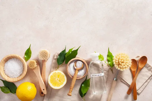 stock image zero waste eco friendly cleaning and kitchen concept. wooden brushes, lemon, baking soda, vinegar