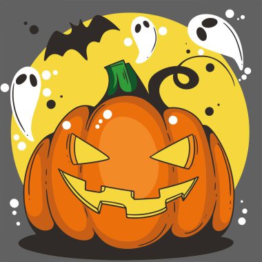 Illustration of evil halloween pumpkin with carved face against background of moon. clipart