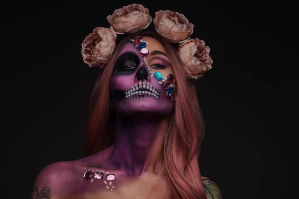 Portrait Painted Woman Muertos Makeup Dark Background — Stock Photo, Image