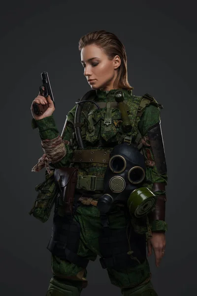 Shot Military Woman Gas Mask Pistol Isolated Gray Background — Stock Photo, Image