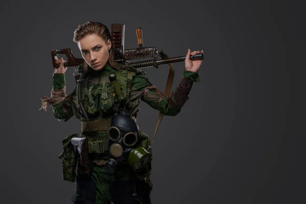 Portrait Femme Soldat Après Armageddon Tenant Fusil Chasse Fait Par — Photo