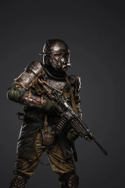 Studio Shot Military Man Dressed Armored Suit Shotgun Grey Background — Stock Photo, Image