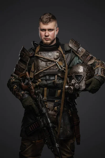 Shot Male Survivor Dressed Armor Holding Shotgun Helmet — Stock Photo, Image