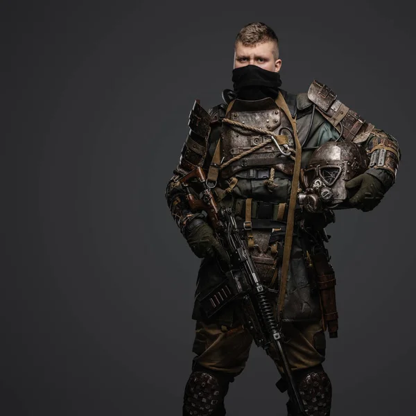Studio Shot Isolated Grey Background Military Man Dressed Armor Holding — Stock Photo, Image