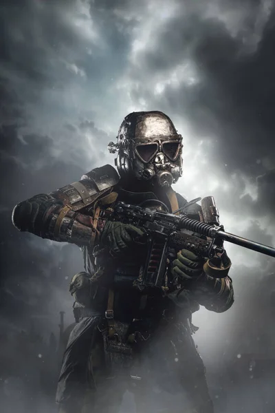Studio Shot Isolated Grey Background Soldier Armageddon Aiming Shotgun — Stock Photo, Image