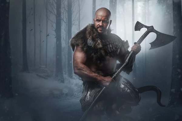 Portrait Nordic Warrior Muscular Build Dressed Armor Holding Axe Winter — Stock Photo, Image