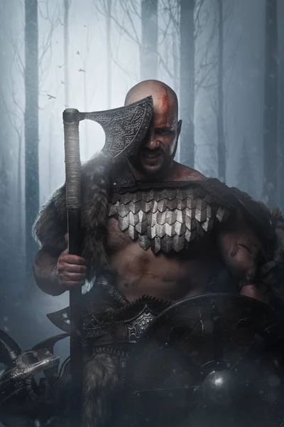 Shot Muscular Viking Bloody Face Holding Axe Shield Snowy Forest — Stock Photo, Image