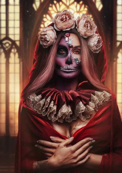 Portré Csillogás Ördög Halloween Stílus Piros Köpeny — Stock Fotó