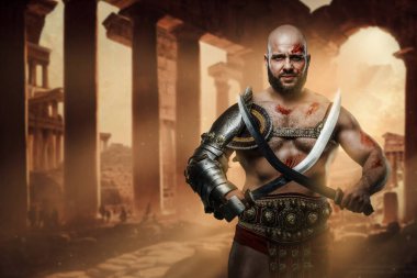 Artwork of gladiator from past with naked torso on ruins staring at camera. clipart