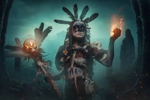 Tiro Feiticeiro Fêmea Mal Vestida Com Roupas Aborígenes Antigas Cemitério — Fotografia de Stock