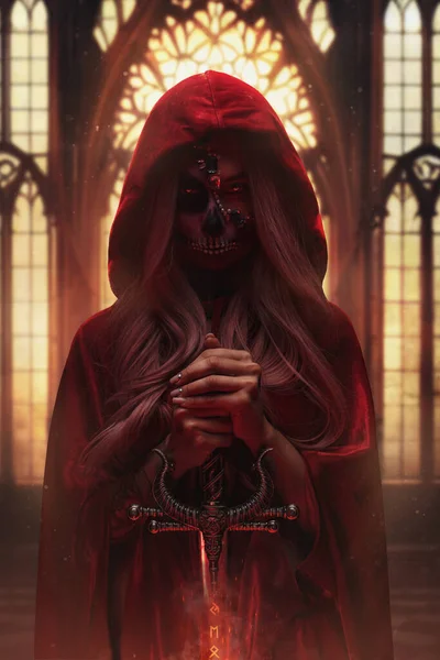 穿着深红色斗篷 身披黑衣的令人毛骨悚然的女巫画像 — 图库照片